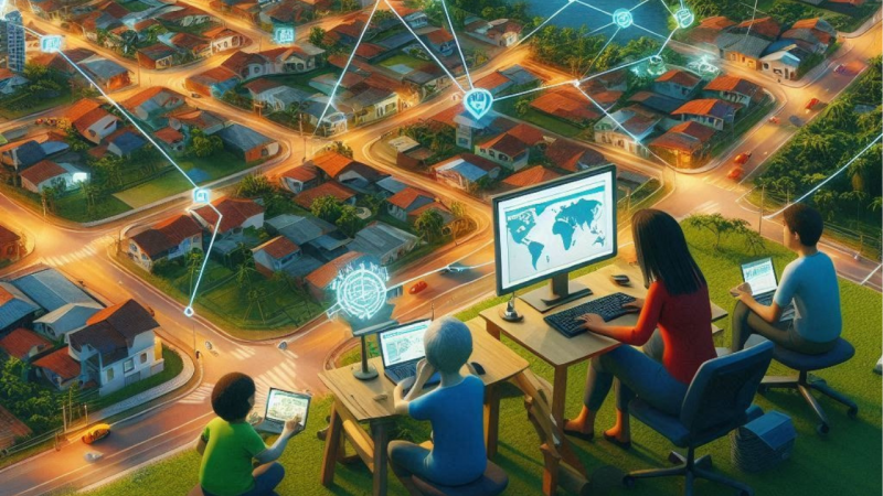 Uma ilustração mostra quatro pessoas sentadas em frente a computadores e notebooks, observando mapas e dados geográficos. Ao fundo, vê-se uma cidade com ruas iluminadas, casas e conexões digitais representadas por linhas e ícones, simbolizando o mapeamento colaborativo.