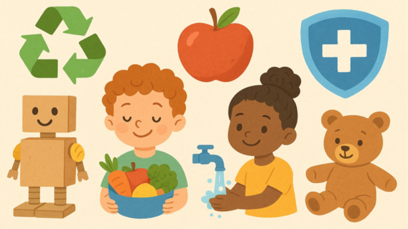 Ilustração de duas crianças com elementos que remetem à saúde, reciclagem, brincadeiras e cuidados.