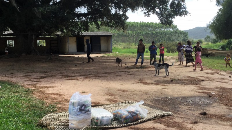 Alimentos sendo entregues para indignas, em comunidade. Na foto há uma grande árvore no canto esquerdo da imagem. No lado direito, há dez moradores moradores e um cão parados. Os alimentos etão no chão, sobre um manto estendido.