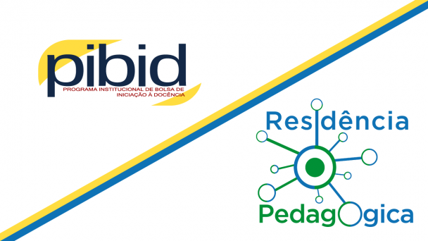 Logotipo do Pibid à esquerda, nas cores azul marinho, amarelo e vermelho; logotipo do Residência Pedagógica à direita, nas cores azul e verde.