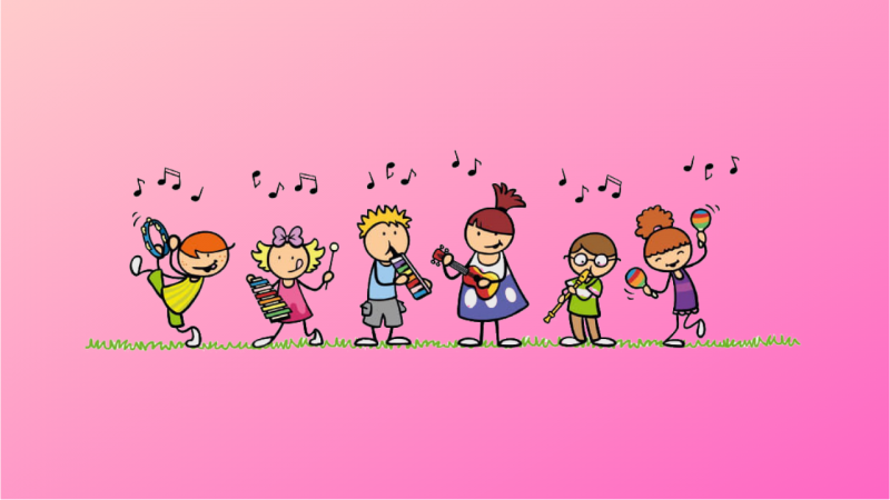 Ilustração de seis crianças tocando diferentes instrumentos musicais