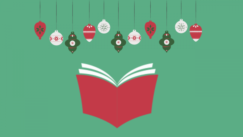 Fundo verde. Na borda superior, bolas de Natal penduradas, nas cores vermelha, branca e verde. Ao centro, em destaque, um livro de capa vermelha aberto.