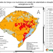 Mapa dos municípios gaúchos em estado de calamidade e situação de emergência