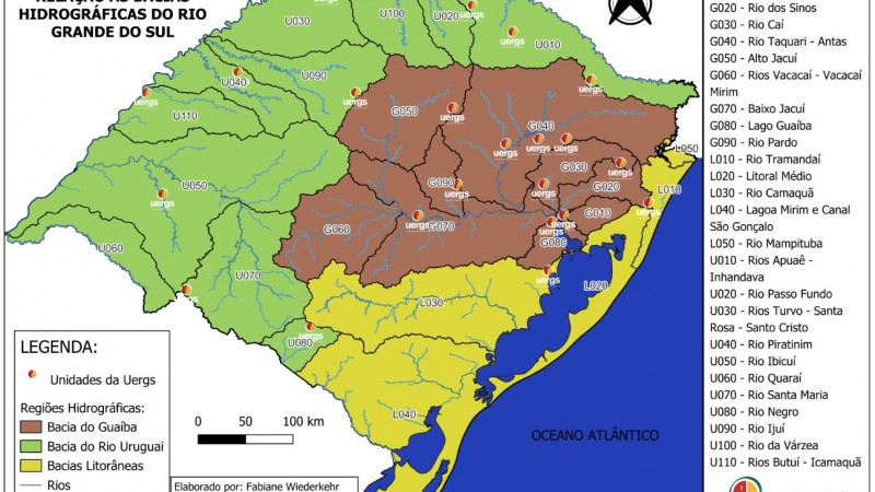 Mapa com a localização das unidades universitárias com relação às bacias hidrográficas do Rio Grande do Sul 