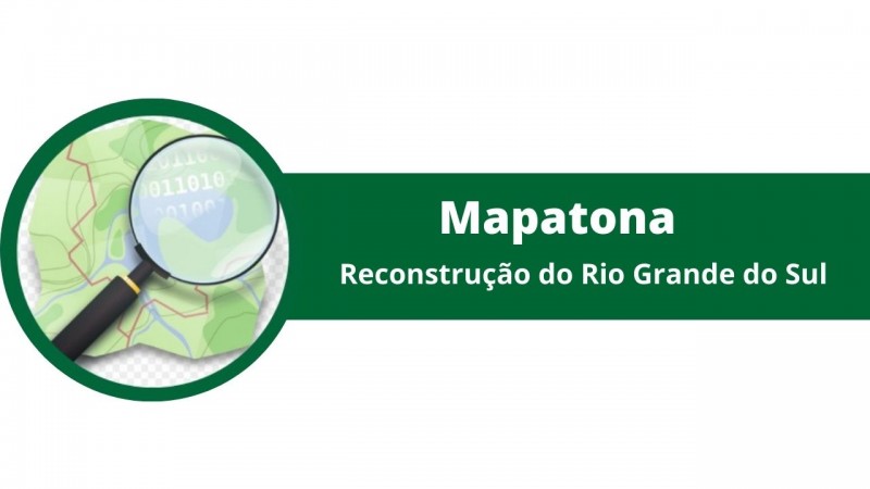 Nome do evento sobre retângulo verde, ao lado, círculo com lupa sobre mapa.