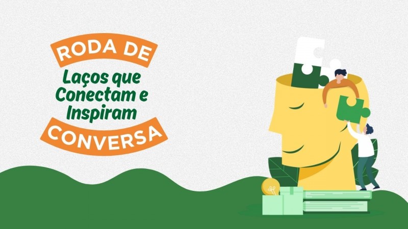 Nome do evento à esquerda, em laranja e verde. À direita, ilustração de uma cabeça humana com peças de quebra cabeça sendo montadas dentro dela.