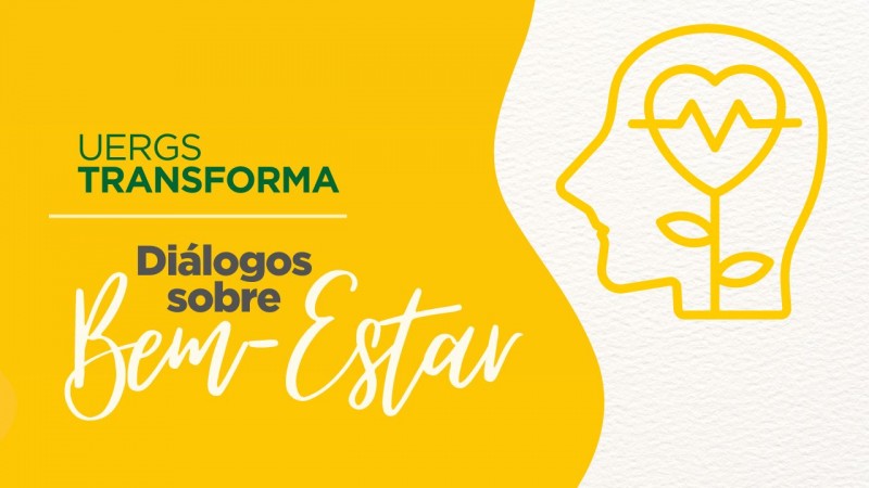 Sobre fundo amarelo, à esquerda, o nome do evento. Sobre fundo claro e com textura que imita linho no papel, um símbolo de uma cabeça humana com um coração com haste de planta na cor amarela. 