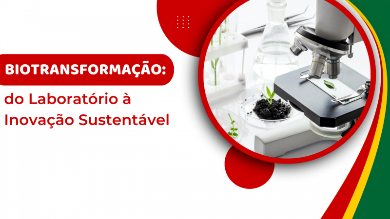 À esquerda, nome do evento. Á direita, em um círculo, foto de um microscópio e planta. Elementos em vermelho, amarelo e verde.