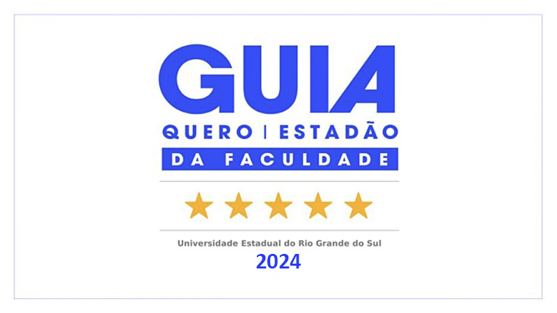 Imagem com fundo branco. Ao centro, em azul, lê-se Guia da Faculdade Quero | Estadão - Universidade Estadual do Rio Grande do Sul 2024 - seguido da imagem de 5 estrelas amarelas.