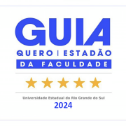 Imagem com fundo branco. Ao centro, em azul, lê-se Guia da Faculdade Quero | Estadão - Universidade Estadual do Rio Grande do Sul 2024 - seguido da imagem de 5 estrelas amarelas.