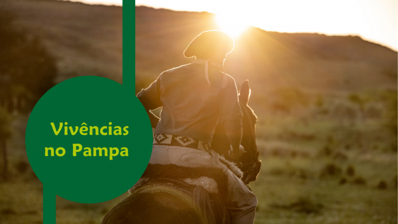 Nome do evento à esquerda, dentro de um círculo verde. A foto ao fundo é de um homem trajado com vestes tradicionalistas gaúchas sobre um cavalo, galopando em direção ao pôr do sol.