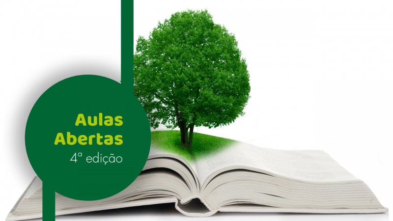 Nome do evento à esquerda, em um círculo verde. A ilustração atrás é de uma árvore com copa volumosa verde nascendo de dentro de um livro.