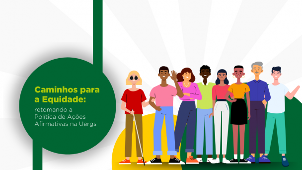 Nome do evento à esquerda, em um círculo verde. A imagem ao fundo é uma ilustração de oito pessoas, com pele nos tons branco, preto e pardo. Todas vestem roupas de cores vibrantes, nos tons rosa, azul, verde, vermelho, amarelo. Duas pessoas têm deficiência física.