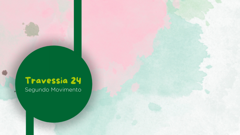 Nome do evento à esquerda, dentro de um círculo verde escuro. Ao fundo, representação de manchas de tinta nas cores rosa e verde.