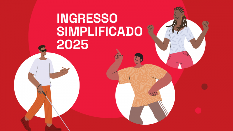 Imagem com fundo vermelho. Ao centro, sobre elipse vermelho claro, lê-se INGRESSO SIMPLIFICADO 2025. Ao redor, sobre 3 elipses brancas, há a ilustração de um homem com deficiência visual, um homem indígena e uma mulher negra.