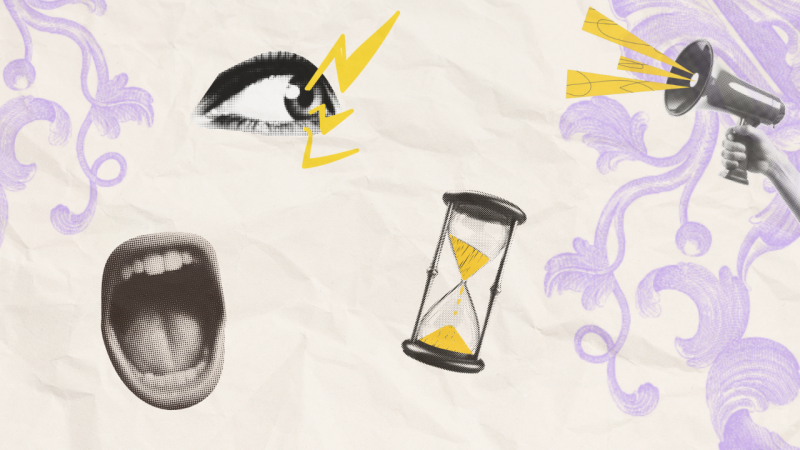Imagem com ilustrações estilo colagem: boca aberta, um olho com raios amarelos, um megafone com elementos amarelos, uma ampulheta com elementos amarelos. O fundo é texturizado com papel amassado na cor bege, nas laterais, arabescos de cor lilás.