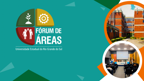 No lado esquerdo, sobre um fundo verde-água com formas geométricas em tons variados, está o logotipo do evento. Ele é composto por três partes em forma de círculo dividido: no quadrante superior esquerdo, há o desenho de uma muda branca crescendo sobre a terra, com fundo verde escuro; no superior direito, uma engrenagem branca sobre fundo amarelo; no inferior esquerdo, duas figuras humanas (um homem e uma mulher) levantando os braços, em branco, sobre fundo vermelho escuro; o quarto quadrante é composto pela escrita “Fórum de Áreas”. Abaixo, está escrito “Universidade Estadual do Rio Grande do Sul” em branco. No lado direito da imagem, há dois círculos com bordas coloridas. O círculo superior mostra um prédio do Campus Central da Uergs, de alvenaria. O círculo inferior mostra uma foto interna do auditório da Famurs, com cadeiras pretas e uma tela de projeção ao fundo. 