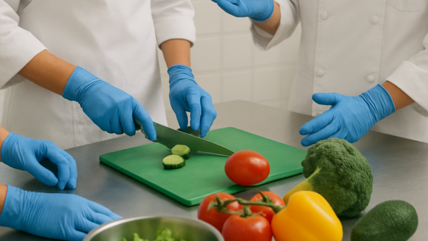 Em uma cozinha industrial de paredes brancas, três pessoas vestidas com jaleco branco e luvas azuis manipulam alimentos sobre uma bancada de inox.