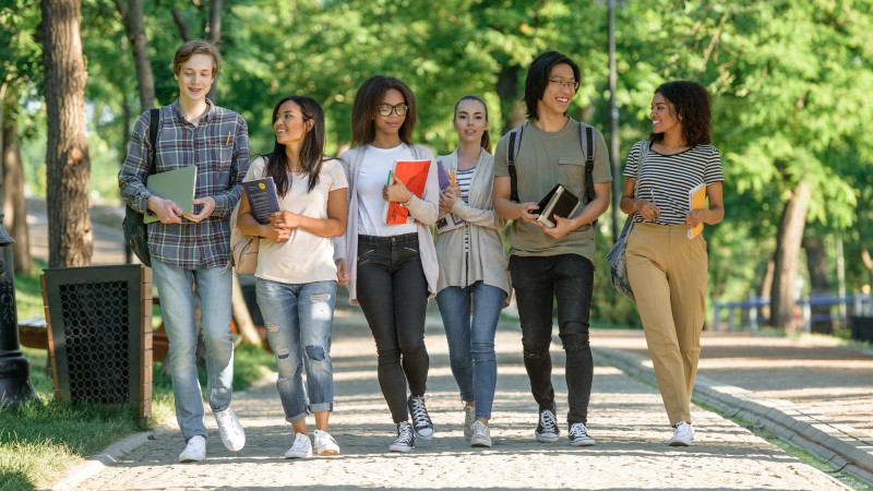 Foto colorida de um grupo de jovens caminhando sorridentes por um parque. S&atilde;o dois homens e quatro mulheres. Eles seguram livros e notebooks nas m&atilde;os.