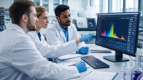 Foto colorida de tr&ecirc;s pessoas vestindo jalecos e luvas em um laborat&oacute;rio. S&atilde;o dois homens e duas mulheres. Eles analisam dados em uma tela de computador.