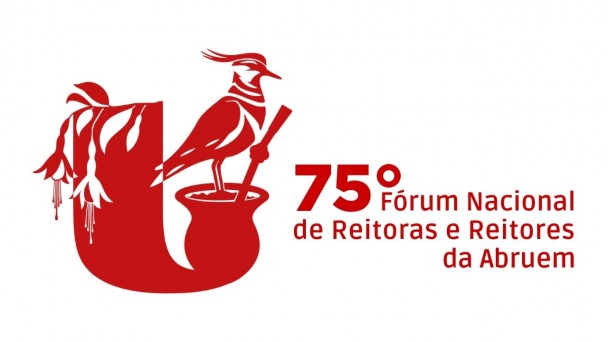 Identidade visual em vermelho do &ldquo;75&ordm; F&oacute;rum Nacional de Reitoras e Reitores da Abruem&rdquo;. &Agrave; esquerda, aparece uma letra &ldquo;U&rdquo; estilizada e larga. Sobre ela, h&aacute; elementos gr&aacute;ficos inspirados na natureza e na cultura regional: flores brinco de princesa pendentes no lado esquerdo da letra, um p&aacute;ssaro pousado sobre uma cuia de chimarr&atilde;o no centro superior e uma bomba de chimarr&atilde;o inclinada &agrave; direita. &Agrave; direita da imagem, em destaque, est&aacute; o n&uacute;mero &ldquo;75&ordm;&rdquo;, seguido do texto &ldquo;F&oacute;rum Nacional de Reitoras e Reitores da Abruem&rdquo;, distribu&iacute;do em v&aacute;rias linhas, em fonte sem serifa vermelha.