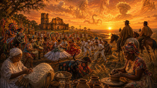 Ilustra&ccedil;&atilde;o digital em tons quentes de laranja e dourado, retratando uma grande celebra&ccedil;&atilde;o do folclore ao p&ocirc;r do sol. Em primeiro plano, &agrave; esquerda, uma rendeira confecciona uma pe&ccedil;a de renda de bilro. &Agrave; direita, uma artes&atilde; molda vasos de cer&acirc;mica, cercada por pe&ccedil;as prontas. Ao centro, diversos grupos representam manifesta&ccedil;&otilde;es culturais, com dan&ccedil;arinos, percussionistas e personagens de folguedos populares em roupas coloridas. &Agrave; direita, dois cavaleiros vestidos com trajes t&iacute;picos ga&uacute;chos observam a paisagem enquanto seguram cuias de chimarr&atilde;o, montados em seus cavalos. Ao fundo, destacam-se as ru&iacute;nas de uma antiga igreja missioneira e a paisagem dos pampas iluminada pelo p&ocirc;r do sol. No c&eacute;u, entre as nuvens, aparecem figuras simb&oacute;licas e elementos m&iacute;ticos do imagin&aacute;rio popular, compondo uma atmosfera de celebra&ccedil;&atilde;o da diversidade cultural brasileira.
