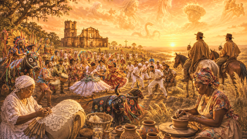Ilustra&ccedil;&atilde;o digital em tons de laranja e dourado, retratando uma grande celebra&ccedil;&atilde;o do folclore ao p&ocirc;r do sol. Em primeiro plano, &agrave; esquerda, uma rendeira confecciona uma pe&ccedil;a de renda de bilro. &Agrave; direita, uma artes&atilde; molda vasos de cer&acirc;mica, cercada por pe&ccedil;as prontas. Ao centro, diversos grupos representam manifesta&ccedil;&otilde;es culturais, com dan&ccedil;arinos, percussionistas e personagens de folguedos populares em roupas coloridas. &Agrave; direita, dois cavaleiros vestidos com trajes t&iacute;picos ga&uacute;chos observam a paisagem enquanto seguram cuias de chimarr&atilde;o, montados em seus cavalos. Ao fundo, destacam-se as ru&iacute;nas de uma antiga igreja missioneira e a paisagem dos pampas iluminada pelo p&ocirc;r do sol. No c&eacute;u, entre as nuvens, aparecem figuras simb&oacute;licas e elementos m&iacute;ticos do imagin&aacute;rio popular, compondo uma atmosfera de celebra&ccedil;&atilde;o da diversidade cultural brasileira.