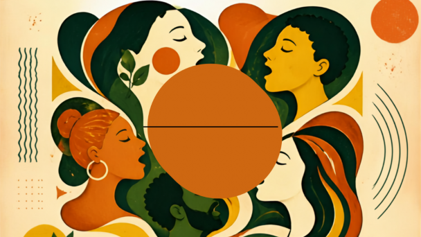 Ilustra&ccedil;&atilde;o de pessoas de perfil cantando de olhos fechados. Compondo a imagem h&aacute; formas geogr&aacute;ficas. A imagem est&aacute; em tons terrosos, misturando laranja, marrom, verde e amarelo.