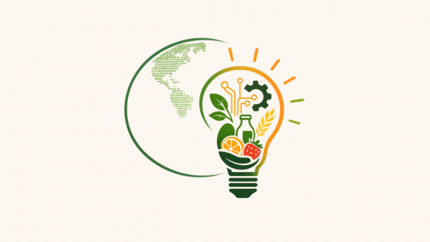 Fundo claro. Ao centro, imagem de uma l&acirc;mpada com elementos dentro, como frutas, garrafa de leite, trigo, folhas, conectores e engrenagem. Ao lado da l&acirc;mpada, meio globo terrestre.