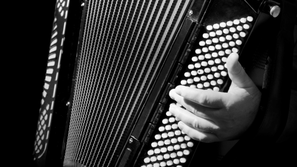 Foto em preto e branco. Close-up de m&atilde;os tocando gaita-ponto.