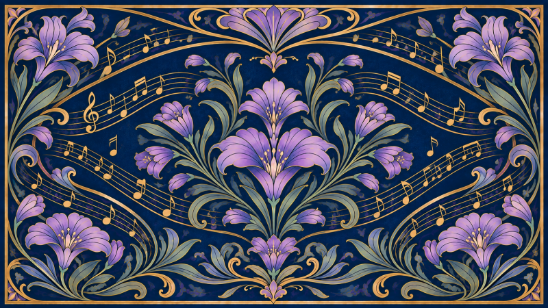 Ilustra&ccedil;&atilde;o horizontal com fundo azul-escuro, moldura e detalhes ornamentais dourados. Flores em tons de lil&aacute;s e roxo, com folhas esverdeadas, decoram a composi&ccedil;&atilde;o. Linhas de pauta e notas musicais douradas percorrem a imagem, remetendo &agrave; m&uacute;sica e &agrave; arte.