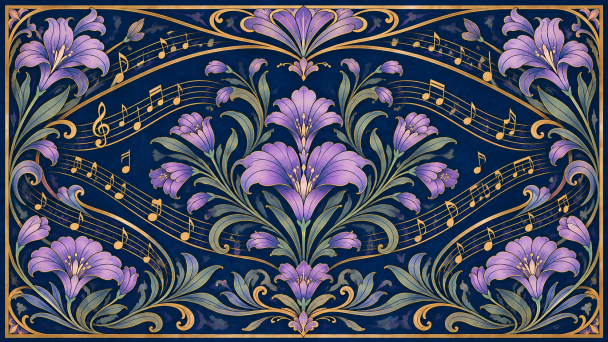 Ilustra&ccedil;&atilde;o horizontal com fundo azul-escuro, moldura e detalhes ornamentais dourados. Flores em tons de lil&aacute;s e roxo, com folhas esverdeadas, decoram a composi&ccedil;&atilde;o. Linhas de pauta e notas musicais douradas percorrem a imagem, remetendo &agrave; m&uacute;sica e &agrave; arte.