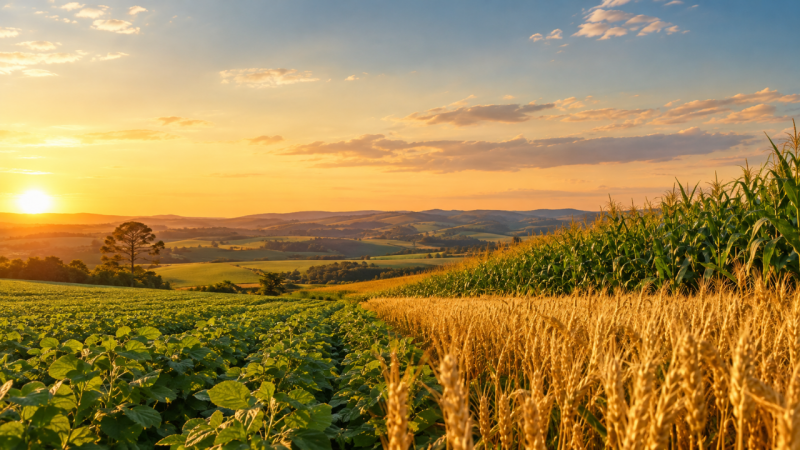 Imagem horizontal de uma paisagem rural ao entardecer, com planta&ccedil;&otilde;es verdes &agrave; esquerda e espigas de trigo douradas &agrave; direita. Ao fundo, h&aacute; campos e colinas sob um c&eacute;u com nuvens iluminadas pelo sol, pr&oacute;ximo ao horizonte.